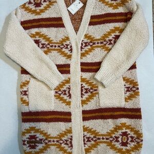 Simply Southern Cream and Brown Cardigan with Red and Orange Accents